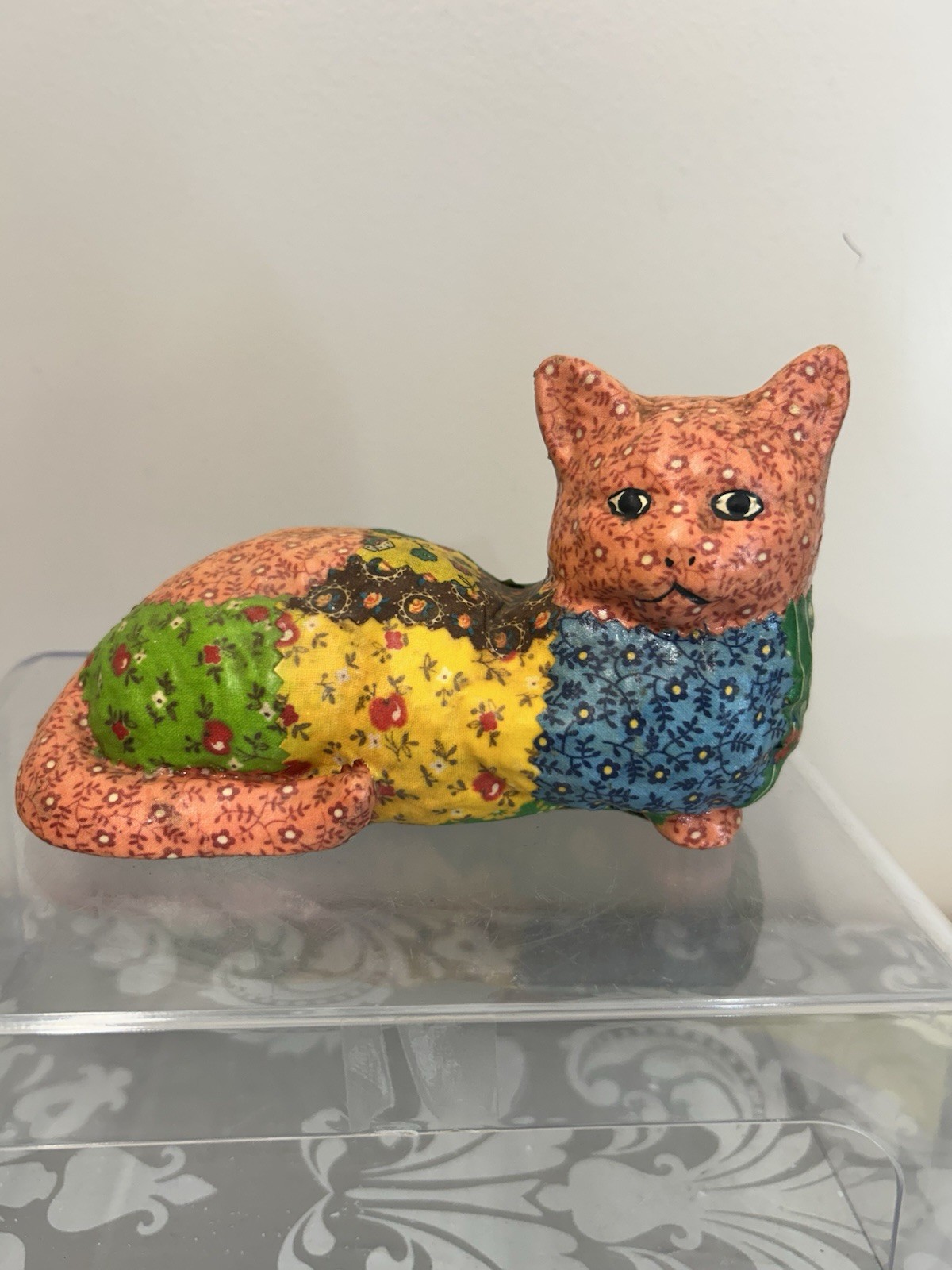 Patchwork Cat Decoupage Vintage Multicolored 4” Tall And 6.5” Long