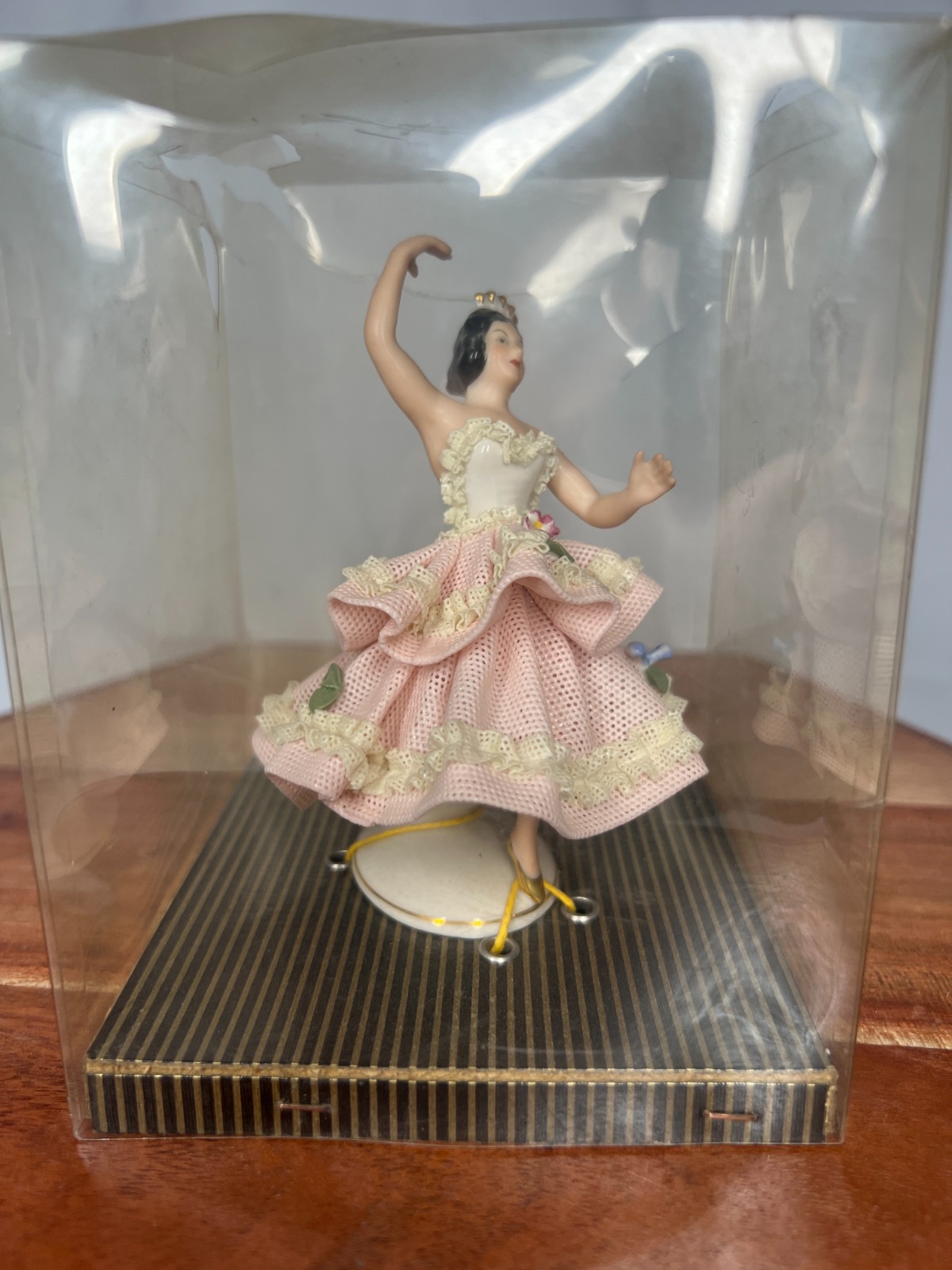 Vintage German Dresden Porcelain Lace Ballerina Figurine Display Case Pink Tutu