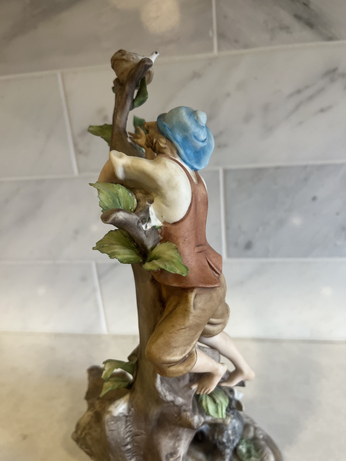 Italian Porcelain Figurine Boy Tree Wolf Capodimonte Style Large Ethan Allen