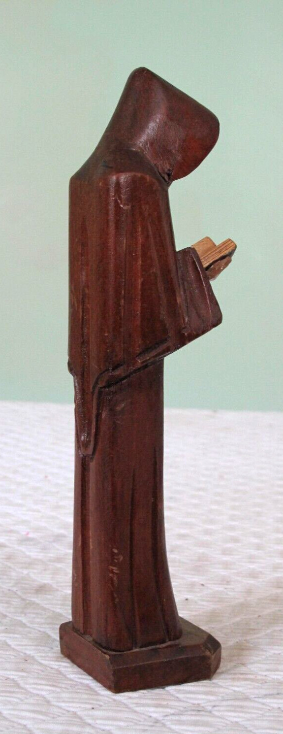 Vintage Folk Art Hand Carved Wooden Priest Hooded Monk Reading Bible/Text 9”