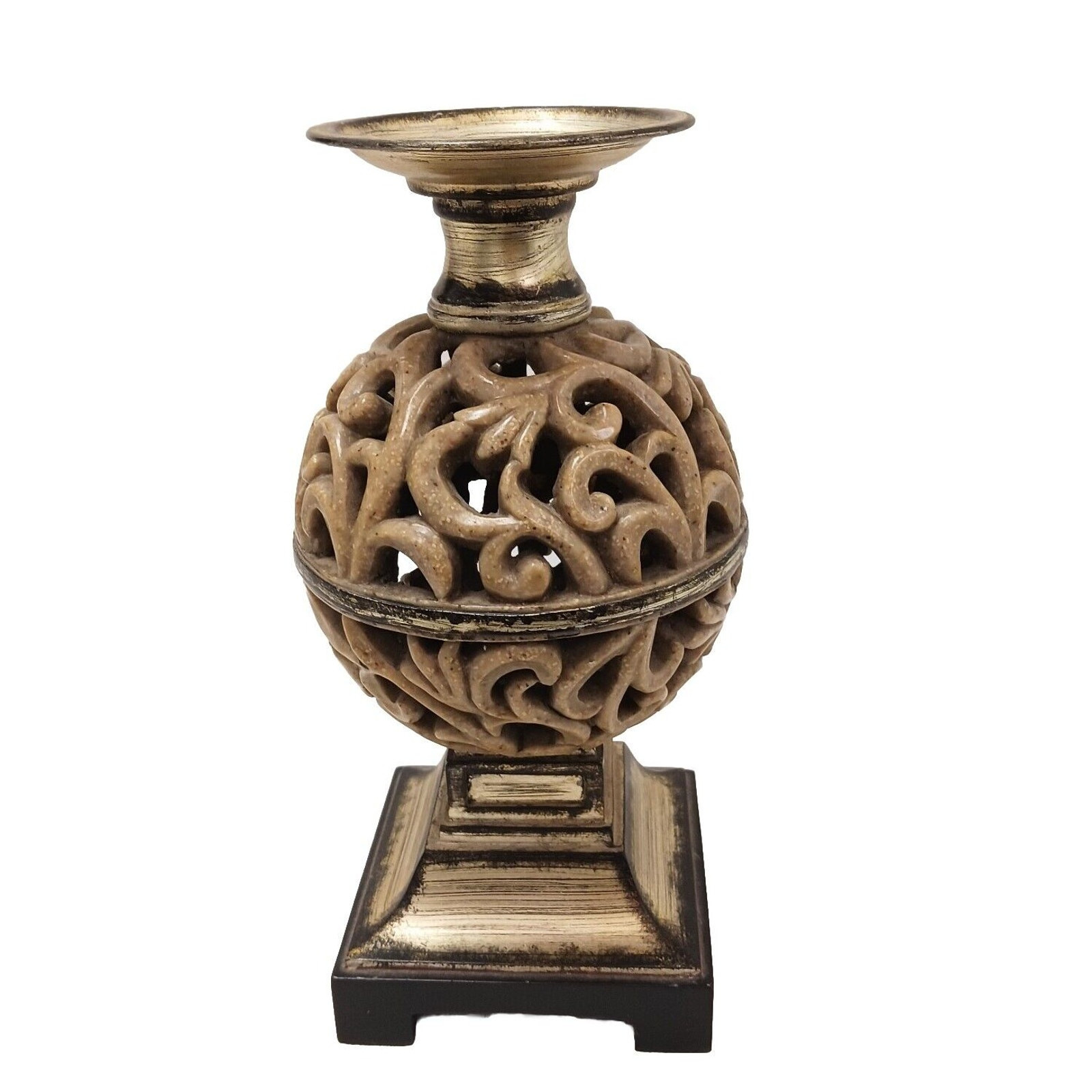 Ornate Candle Holder 12″ Art Deco Faux Alabaster Cut Out Globe Morrocan Boho VNT