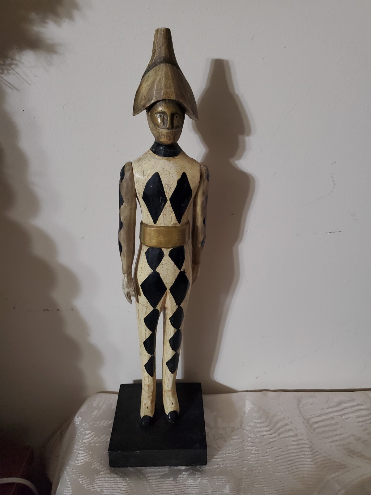 Mid-Century Hand-Painted Wood Harlequin Statue, Tall Italian Jester Movable Arms