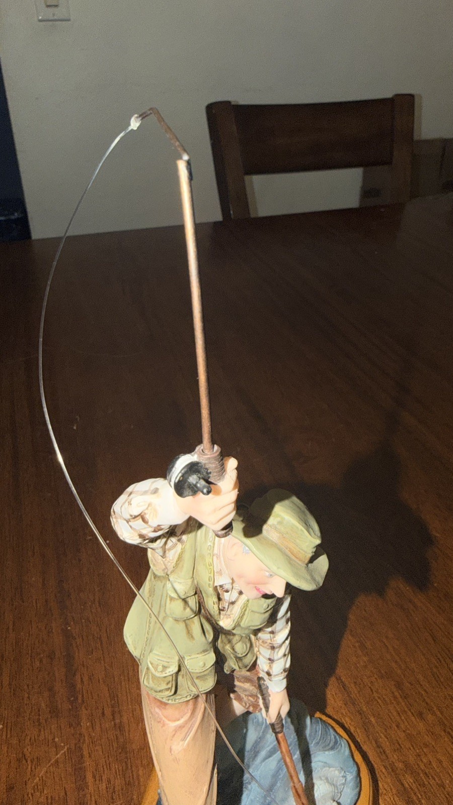 Vintage Fisherman Figurine Fly Fishing Man Standing in Water Wood Base