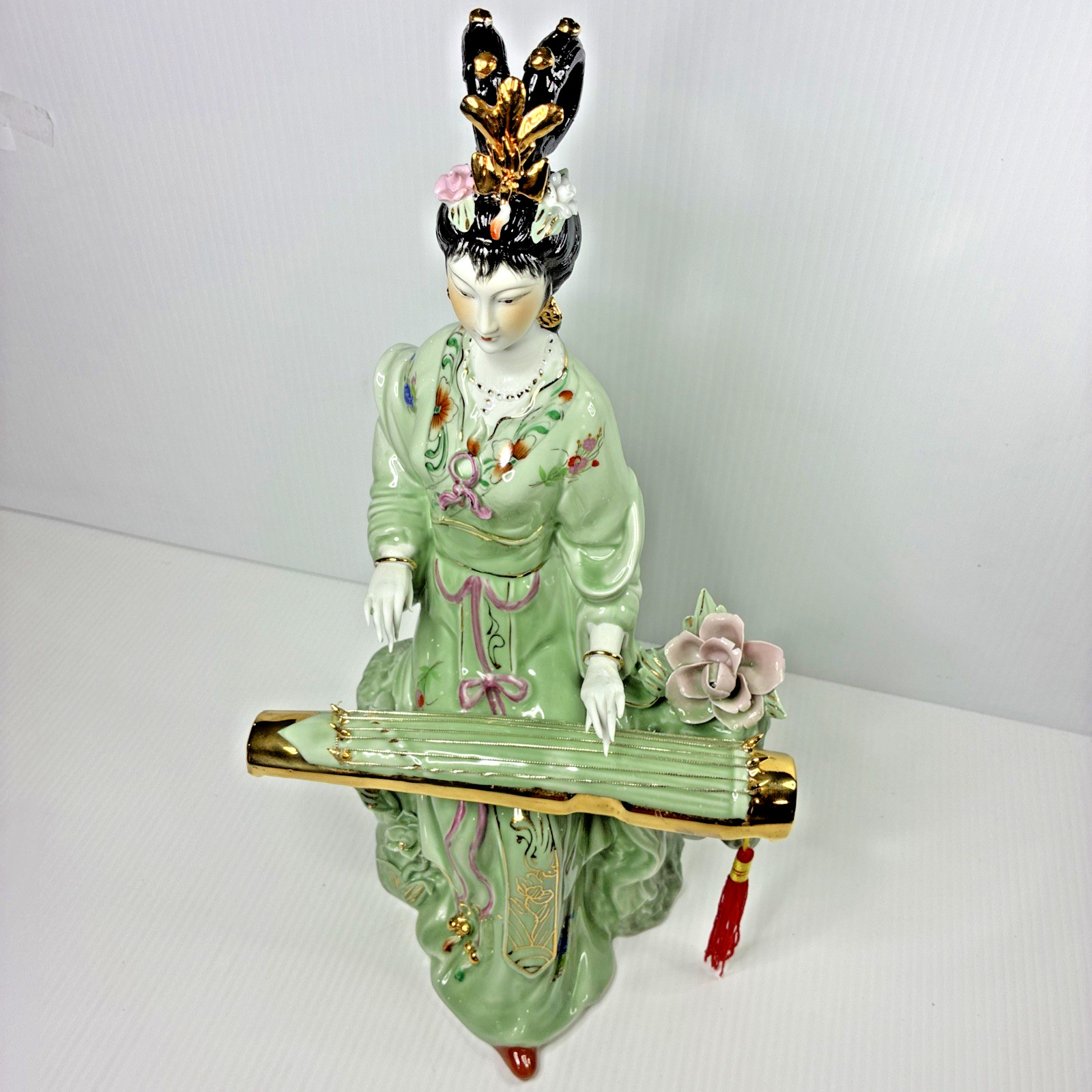 VINTAGE CHINESE PORCELAIN ORIENTAL GREEN GLAZE STATUE W/ STRINGED INSTURMENT
