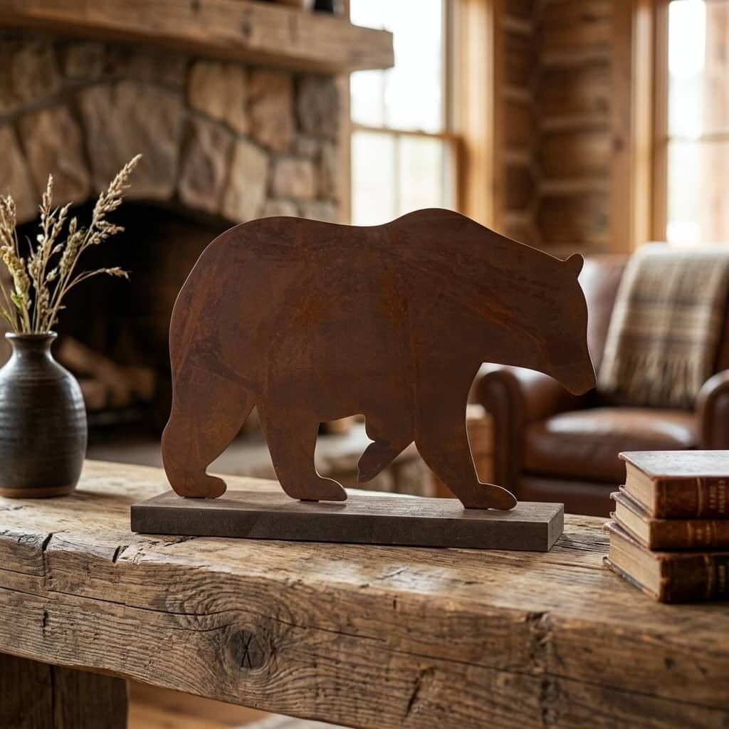Metal Brown Bear Silhouette Shelf Sitter on Wood Base Cabin Decor