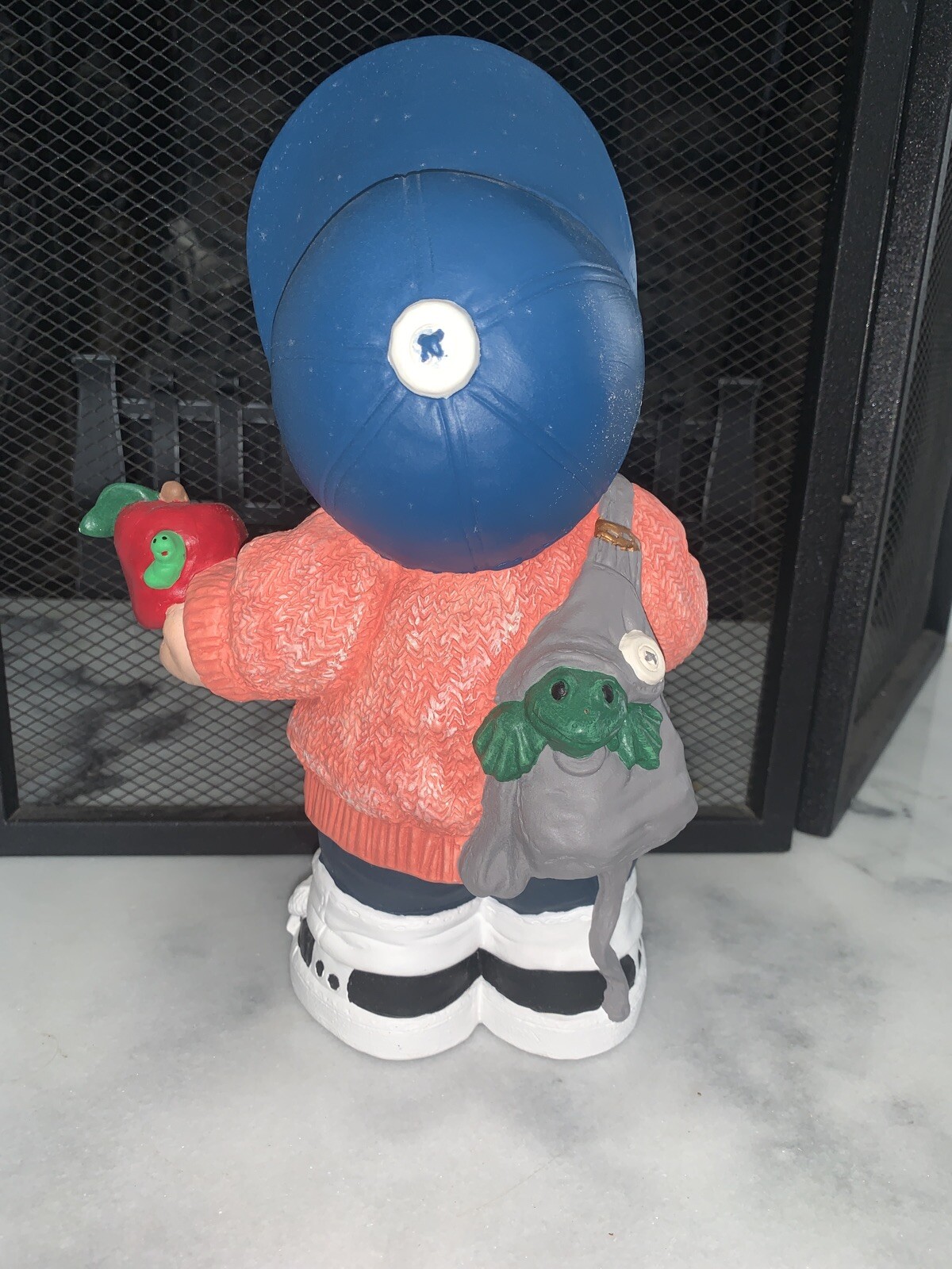 Ceramic Figurine Statue Boy Apple & Frog Backpack 11” Back To School September