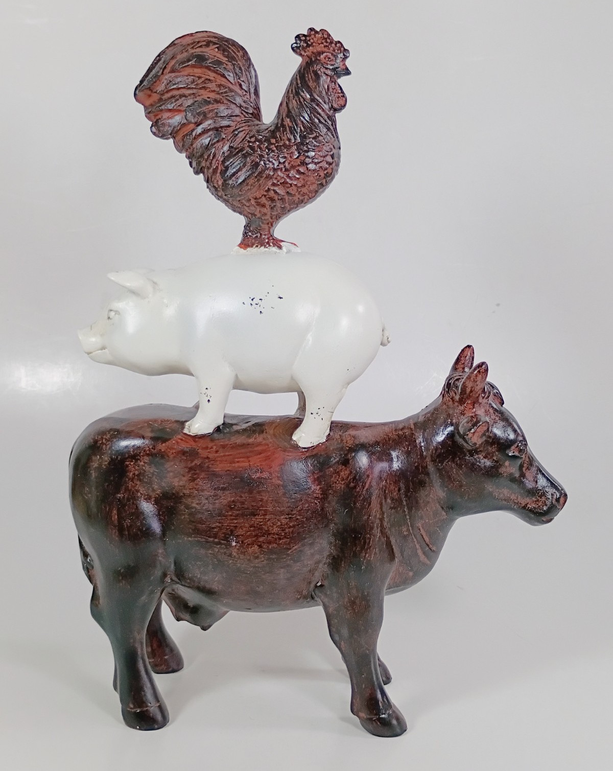 Stacked Farm Animals, Rooster Pig and Cow/Bull Statue. 11″ X 8″. Home Decore.
