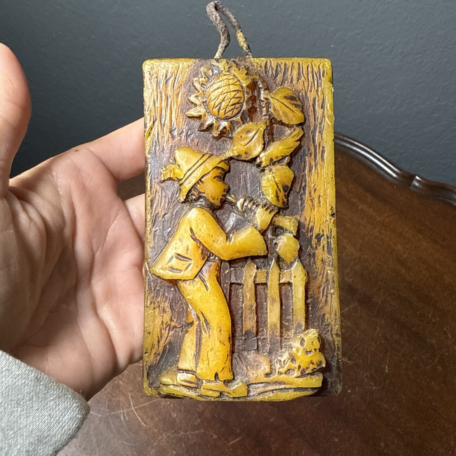 Vintage Hand Carved Wax Wall Hanging 3D Plaque Sunflower Child Decor 4.5″x2.5″