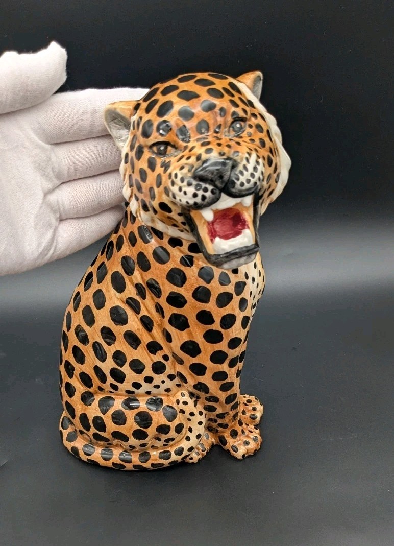 Vintage MCM Cat Sculpture Hand Painted Italian Leopard Cheetah Open Mouth 10″