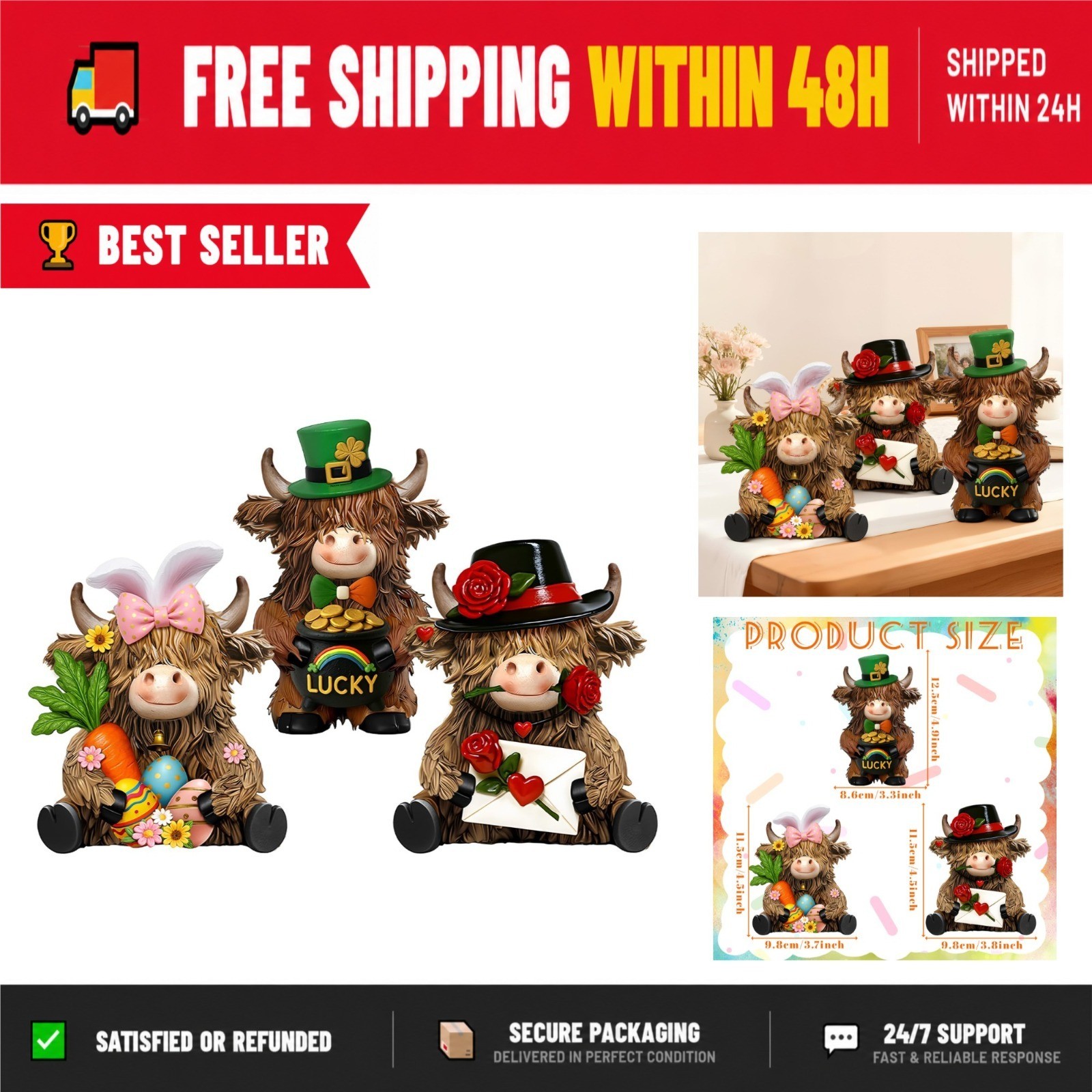 3 Pack Seasonal Highland Cow Figurines – St. Patrick’s Day & Easter Decor