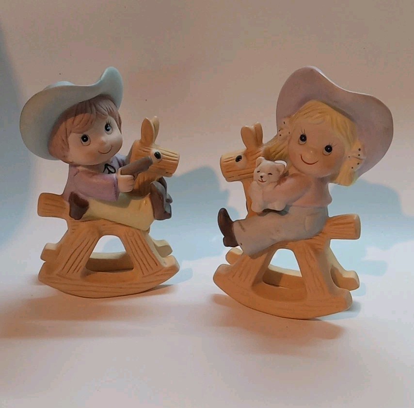 Vintage Homco Cowboy Cowgirl on Rocking Horse Figurines 1417 Foil Label