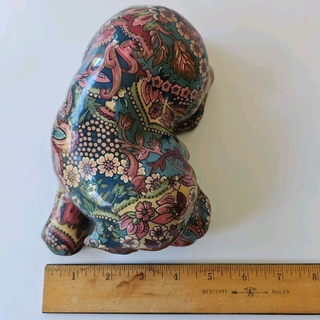 VTG Glazed Decoupage Fabric Floral Patchwork Ceramic Puppy Dog Foam Bottom 8″x5″