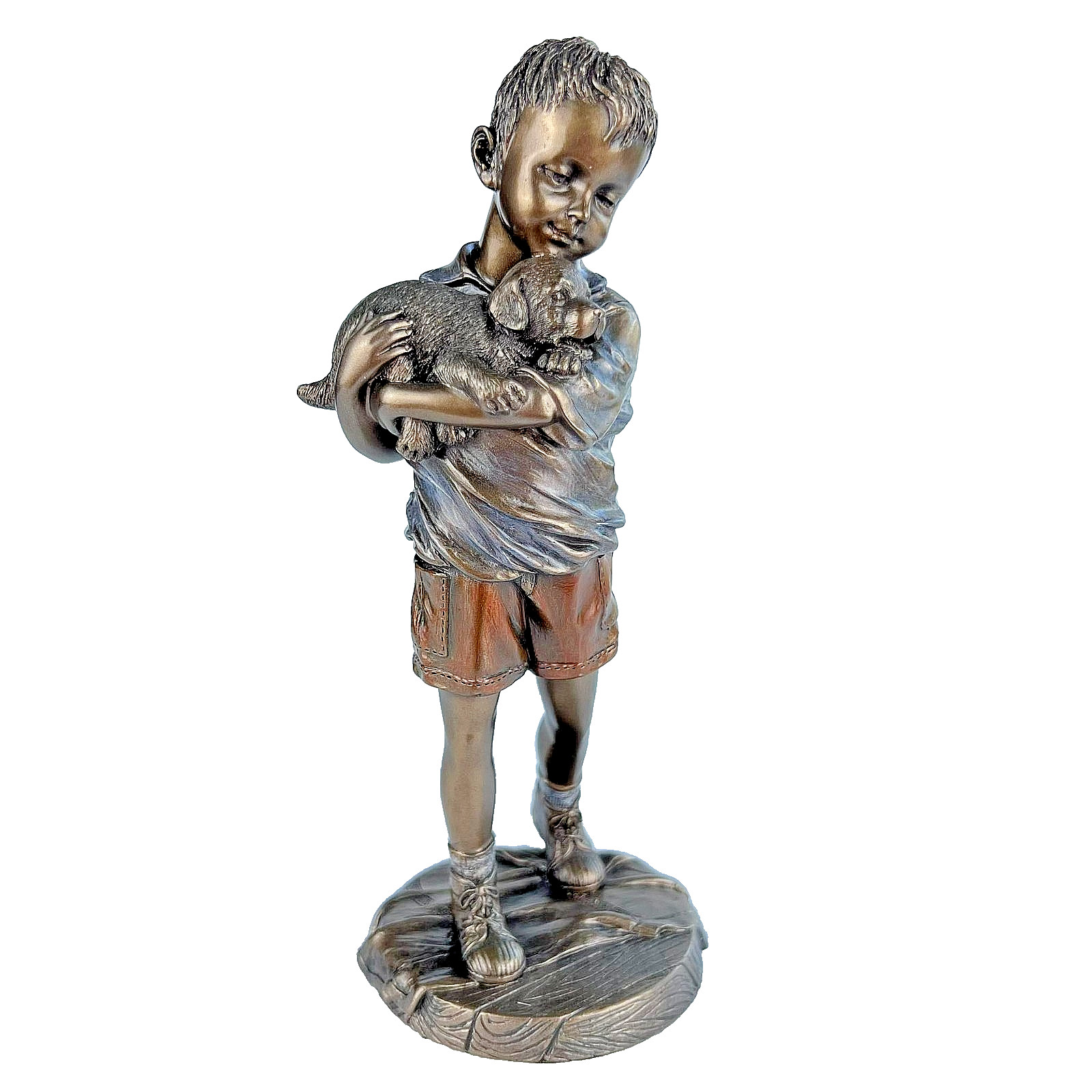 Boy with Dog Statue Figure Polystone Bronze Home Decor Made in Italy