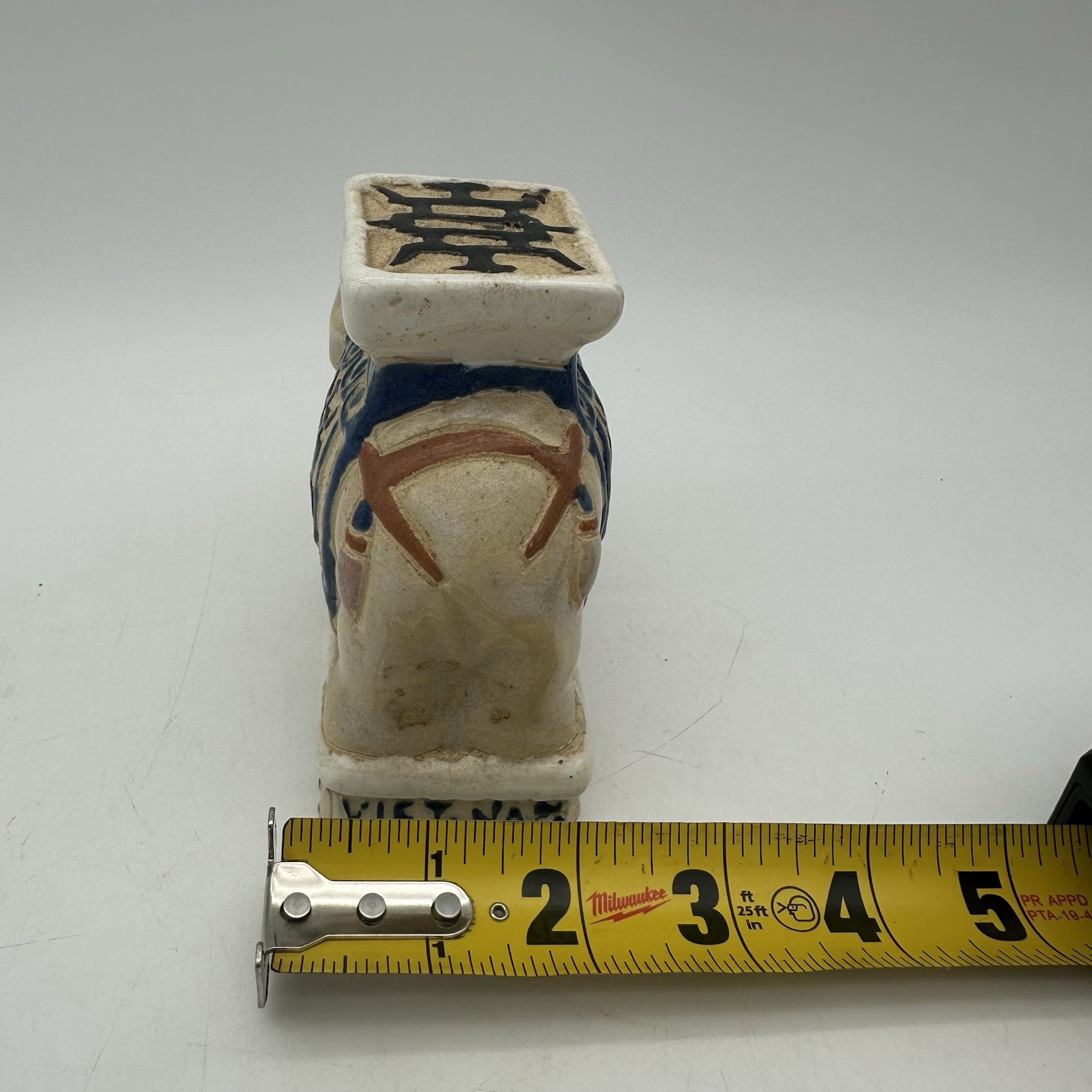 Vintage Glazed Ceramic 4” Elephant India Imports Cream, Brown & Blue Tones
