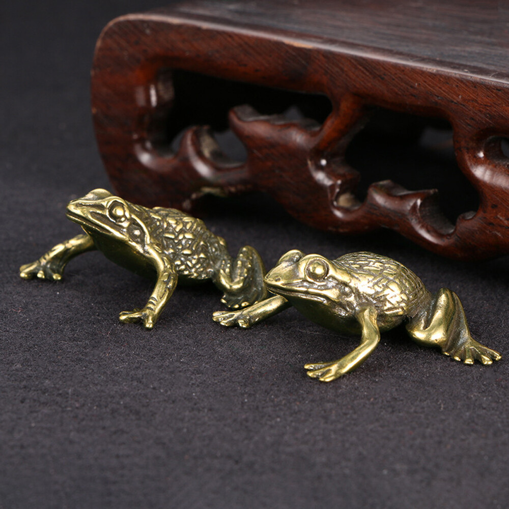 2PCS Solid Brass Frog Copper Figurines Statue Office Garden Ornament Gift