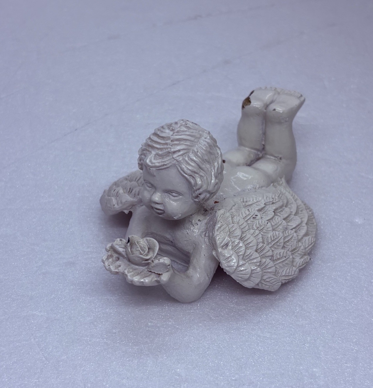 Vintage 2010 Baby Cherub Figurine Angel Holding Flower Resin Art Decor 17