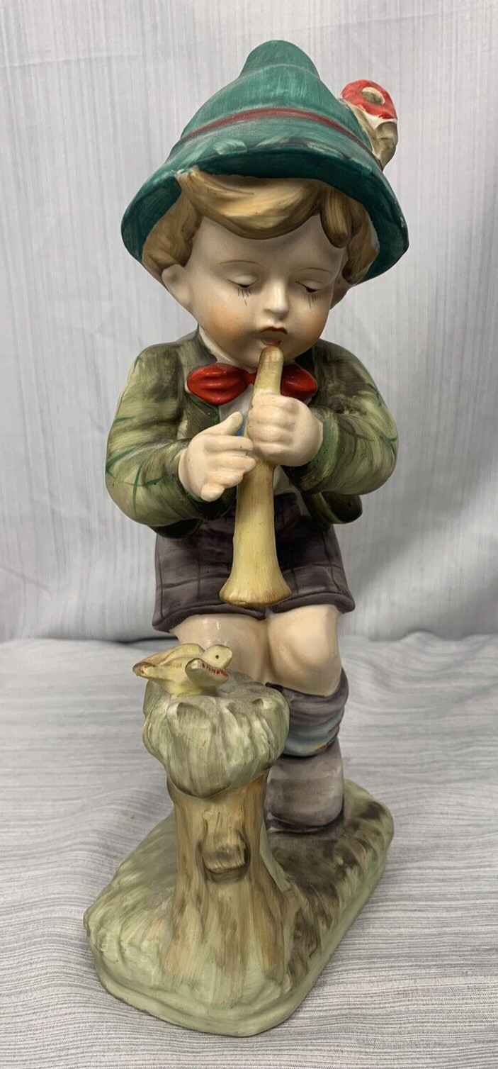 Boy Playing Flute to Bird Figurine,10″ tall Vintage Hand Painted Chase Porcelain