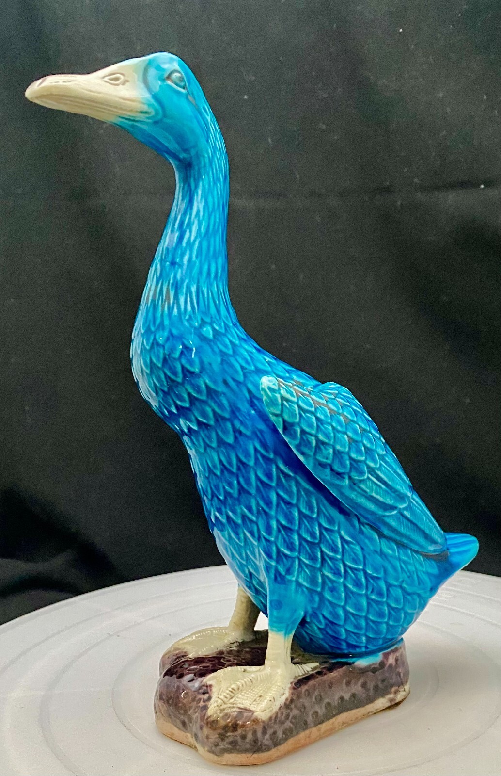 VTG PORCELAIN TURQUOISE BLUE DUCK GOOSE GLAZED MEDIUM/BIG FIGURE 8.7″ c1900 vg