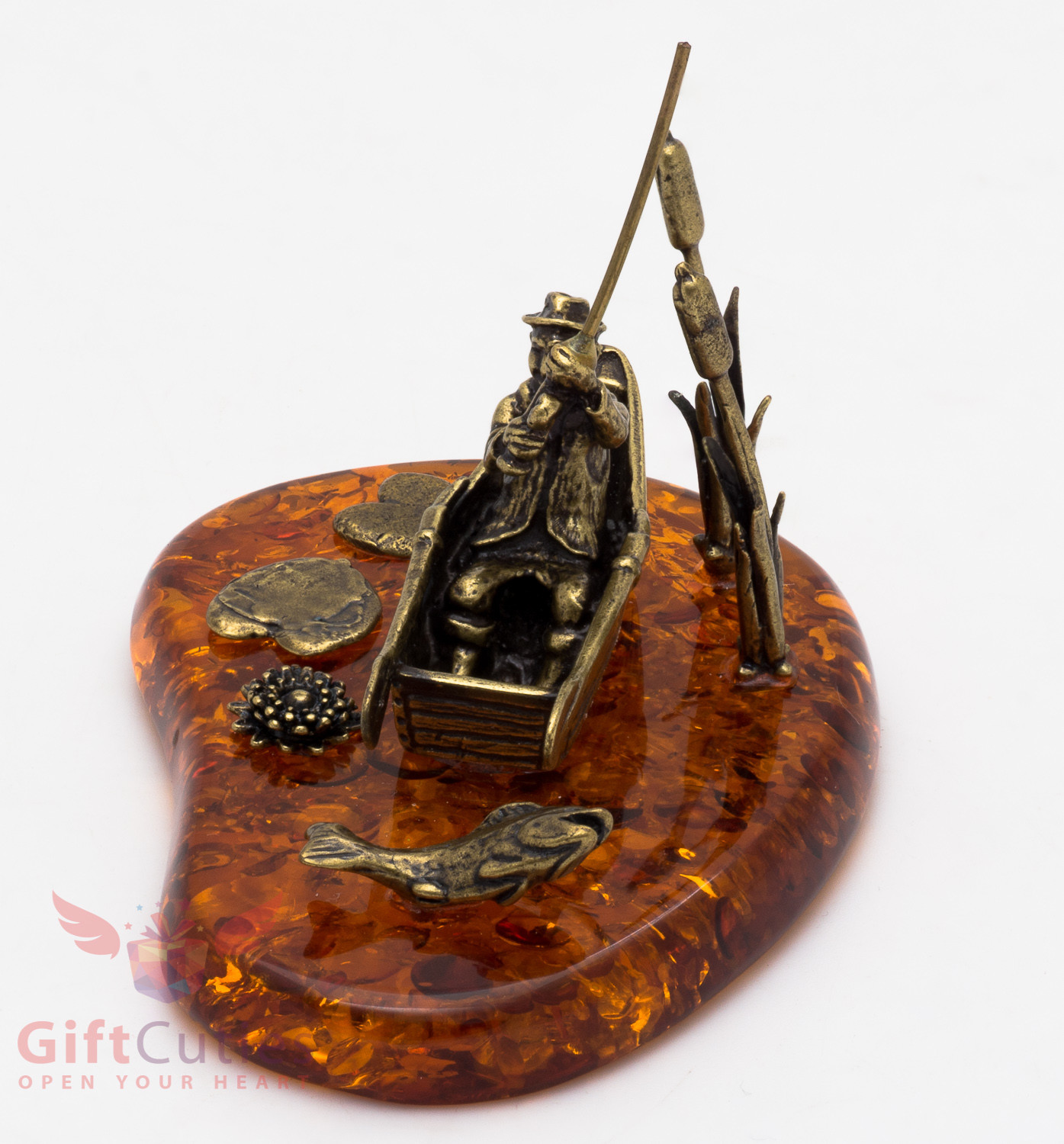 Solid Brass Amber Figurine Fisherman in boat Fishing on the lake IronWork