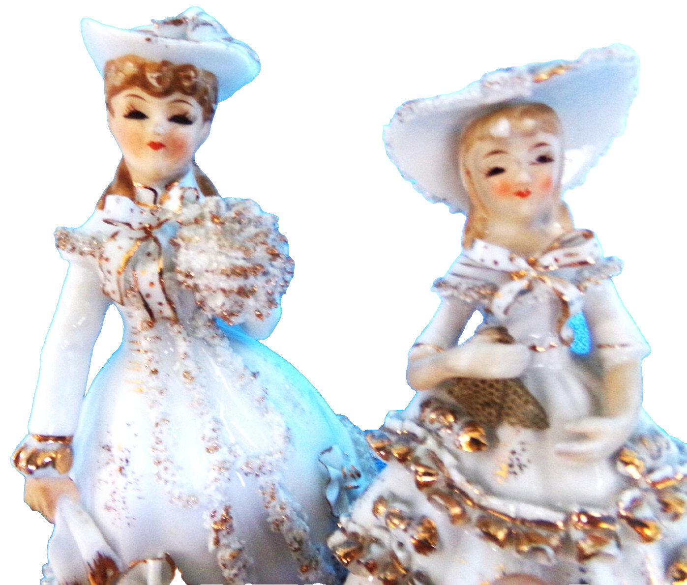 2 VINTAGE LEFTON’S VICTORIAN WOMEN WHITE & GOLD FIGURES KW10307 & K9572W JAPAN