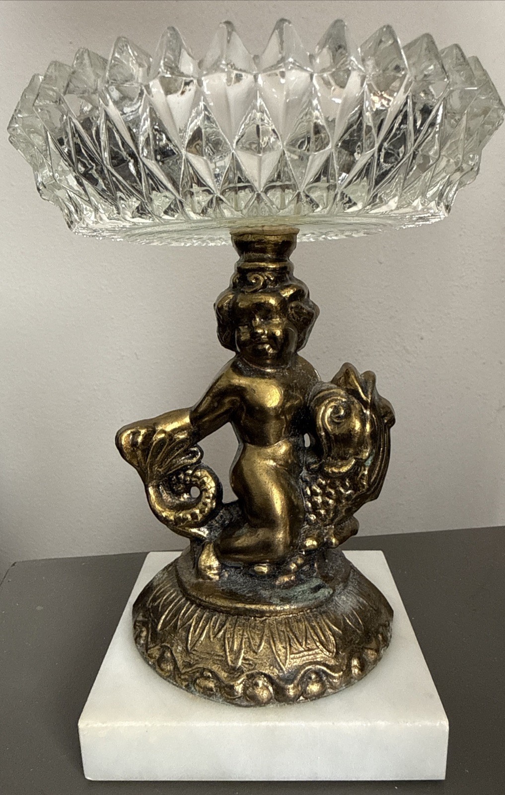 1930’s Candy Dish Bronze Cherub Riding A Koi Fish With A Marble Base