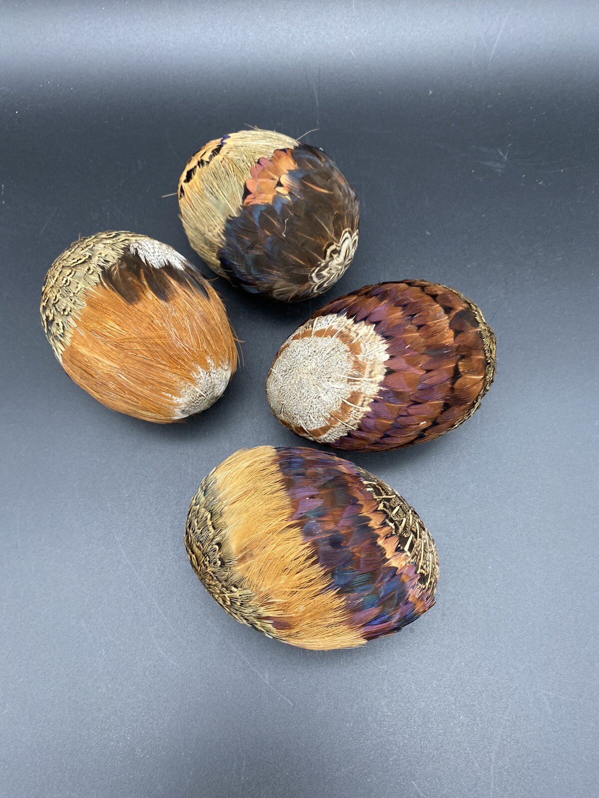 Pheasant Feather Covered Eggs Vintage Brown Multicolor Set Of 4