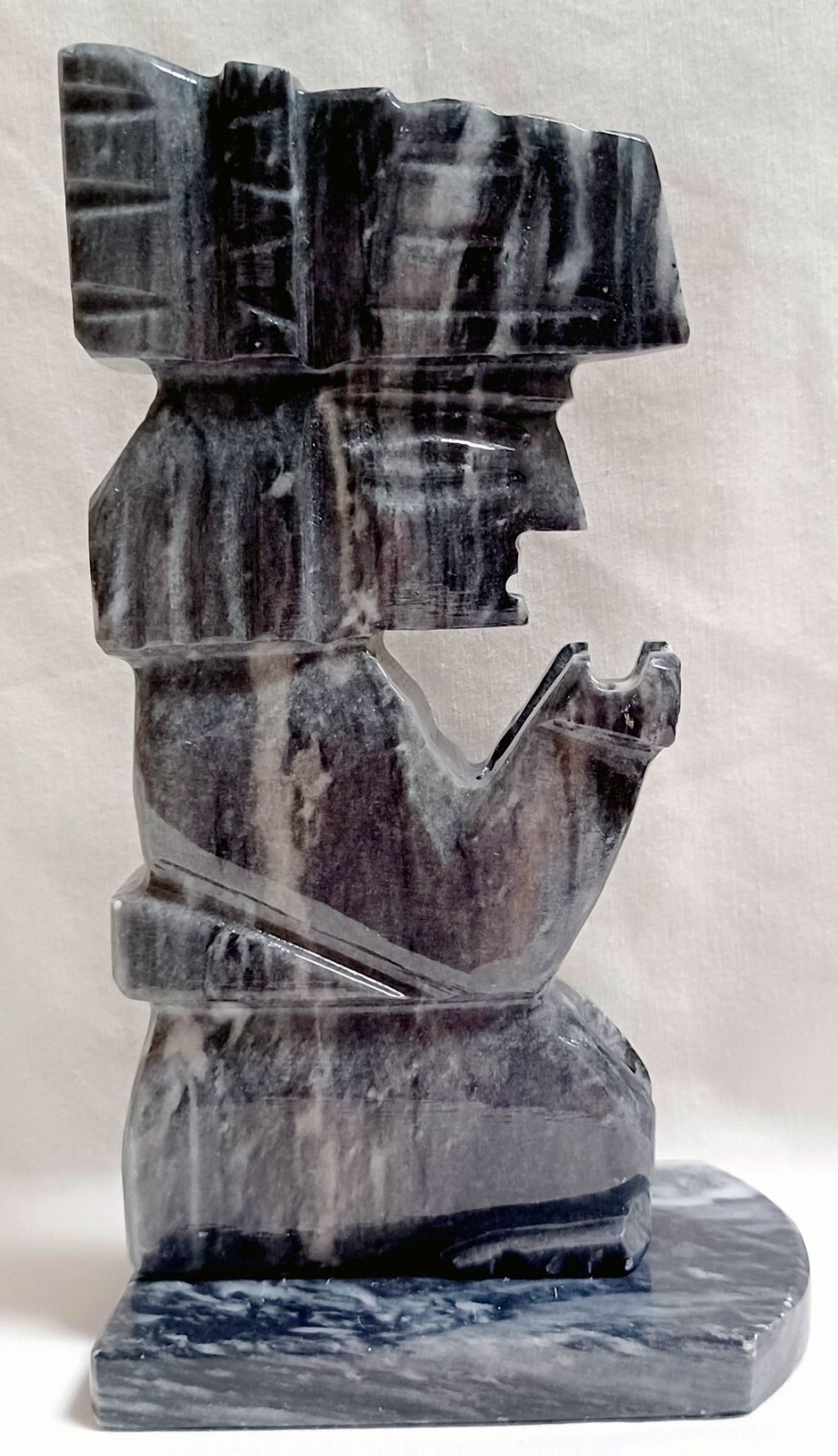 VINTAGE HAND CARVED AZTEC CHIEFTAIN ONYX MARBLE FIGURE SCULPTURE DETACHED BASE