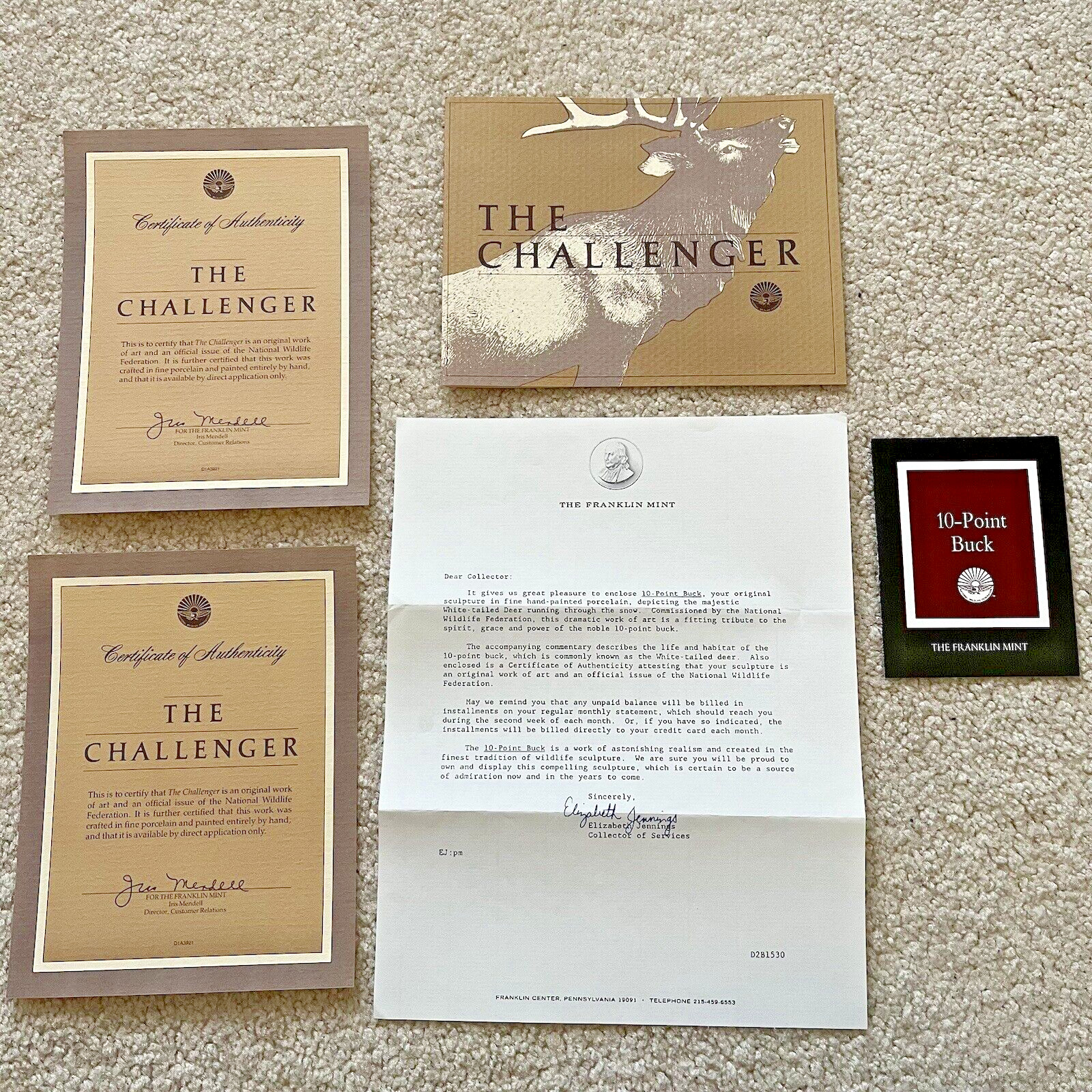 Franklin Mint Wildlife Federation: 10 Point Buck Certificates and Paperwork ONLY