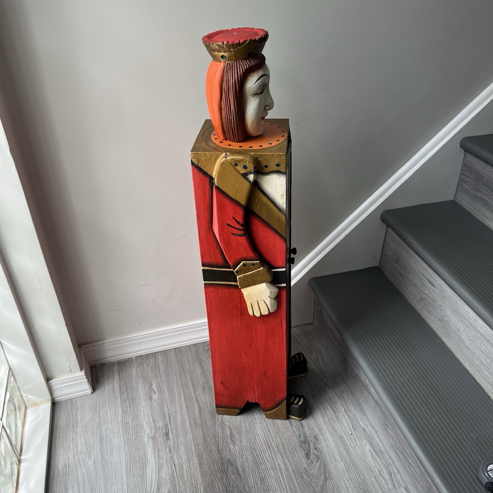 Rare Pair Folk Art King Queen Cabinet Figures Hand Painted Wood 41″ 39.5″