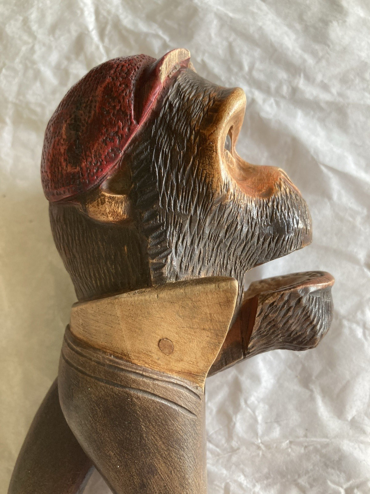 Vintage BLACK FOREST Swiss Carved Wood Ape With Collar & Glass Eyes NUTCRACKER