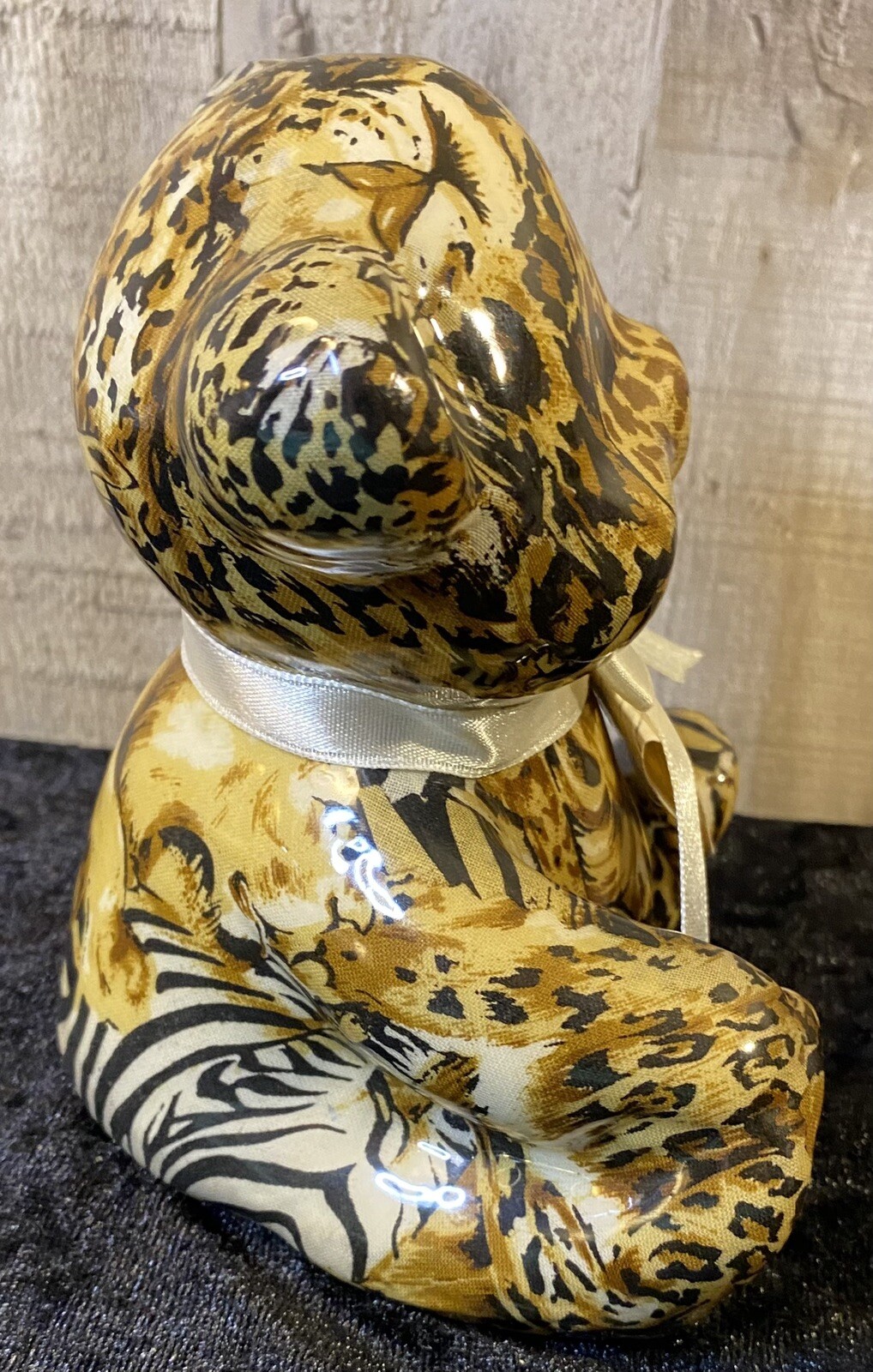 Joan Baker Porcelain Patchwork Animal Print Teddy Bear Sitting Statue