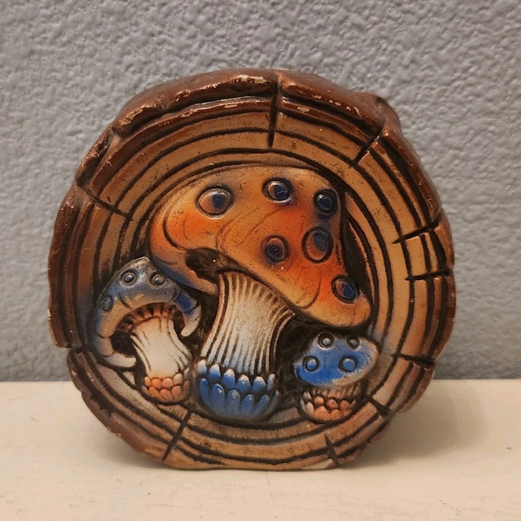MCM VTG Mushroom Decor Stump Coin Bank Groovy Retro Blue Orange Brown