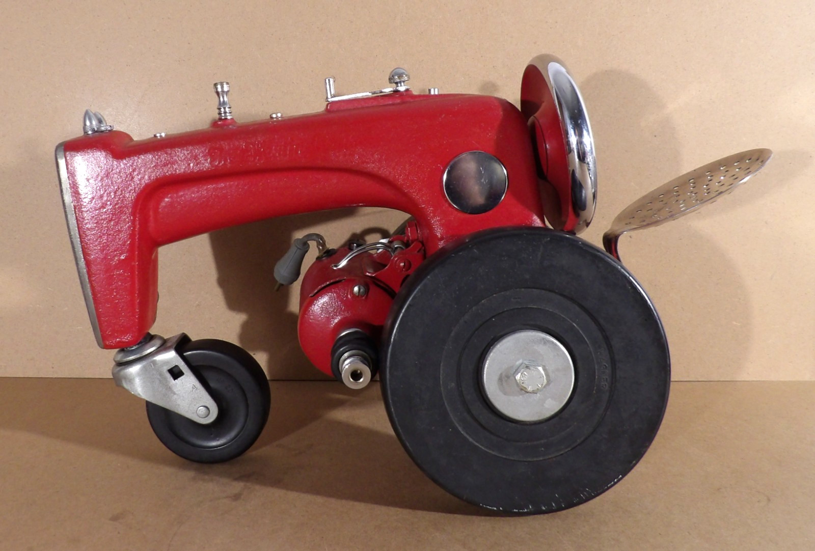 Vintage Singer Sewing Machine Red TRACTOR SCULPTURE Upcycled Heavy Cast Iron Art