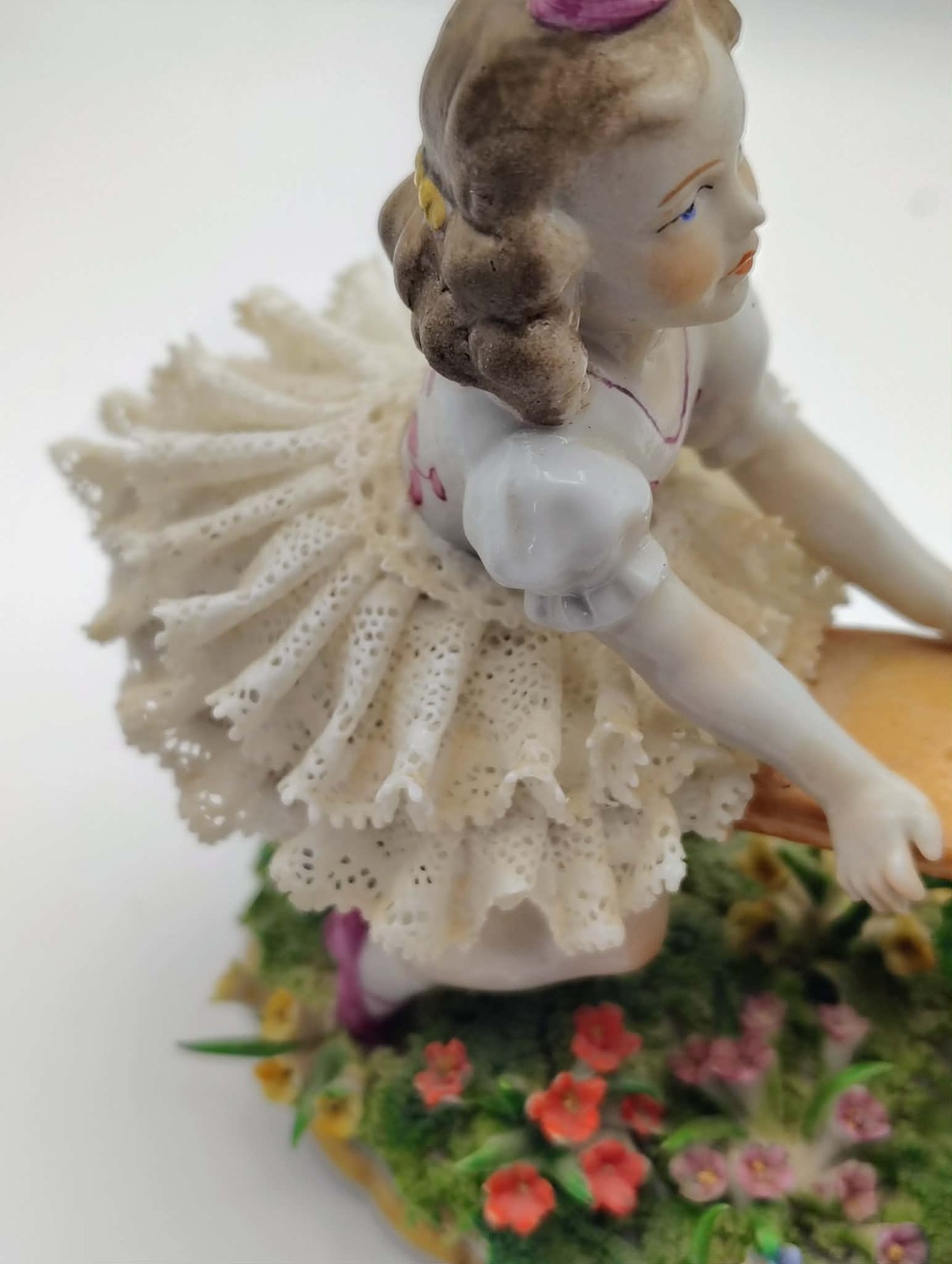 Antique 1850’s German Dresden Lace Sitzendorf Porcelain Girls on Seesaw Figurine