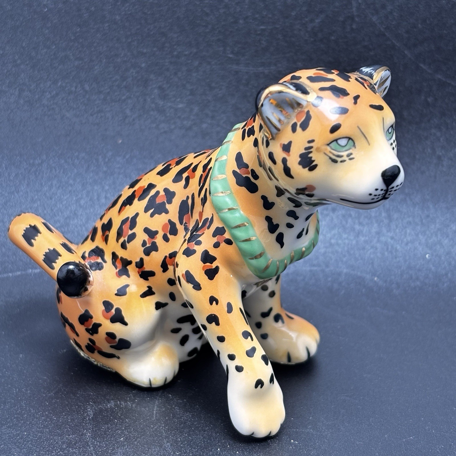Cheetah Figurine Ceramic Green Scarf Gold Accents Green Eyes