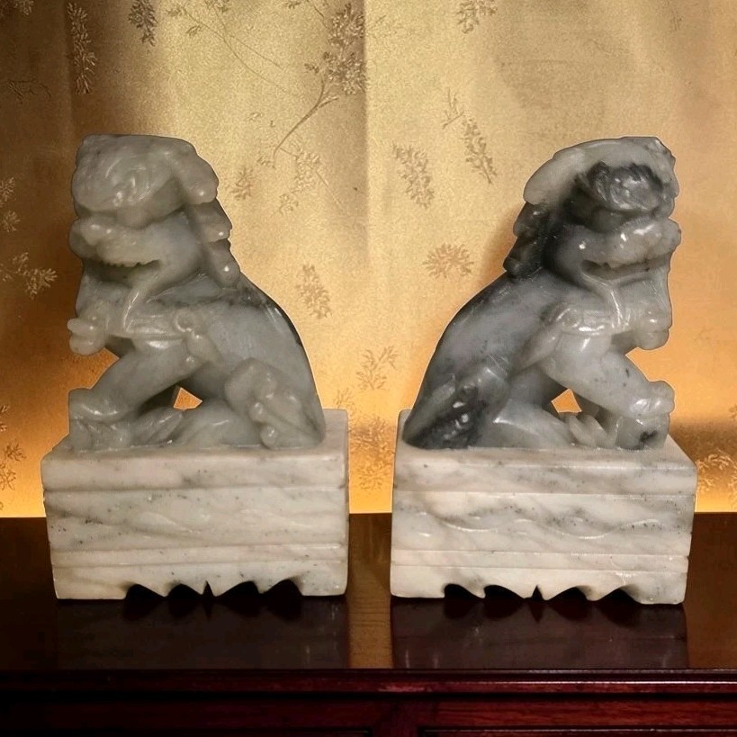 Chinese Pair Of Gray Marble Carved Soapstone Foo Dogs Guardian Lion Bookends 4″