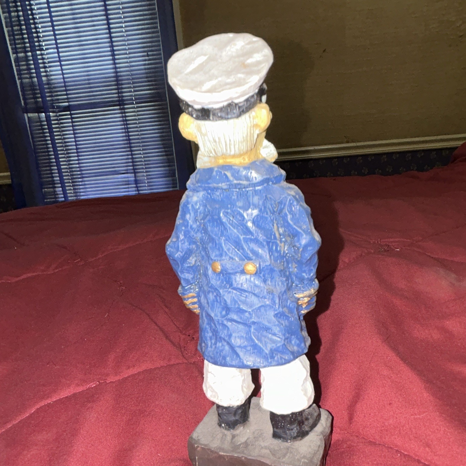 Hand Painted Wooden Nautical Sailor Figurine Blue Coat White Hat Pipe Gray Base
