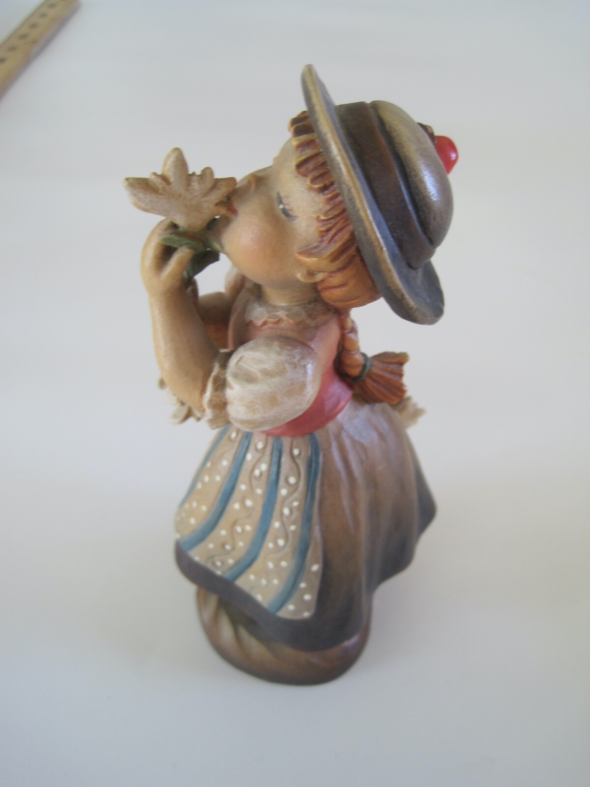 ANRI Italy Wood Carving Golden Blossom Girl Rabbit Vintage Approx. 6″ EUC