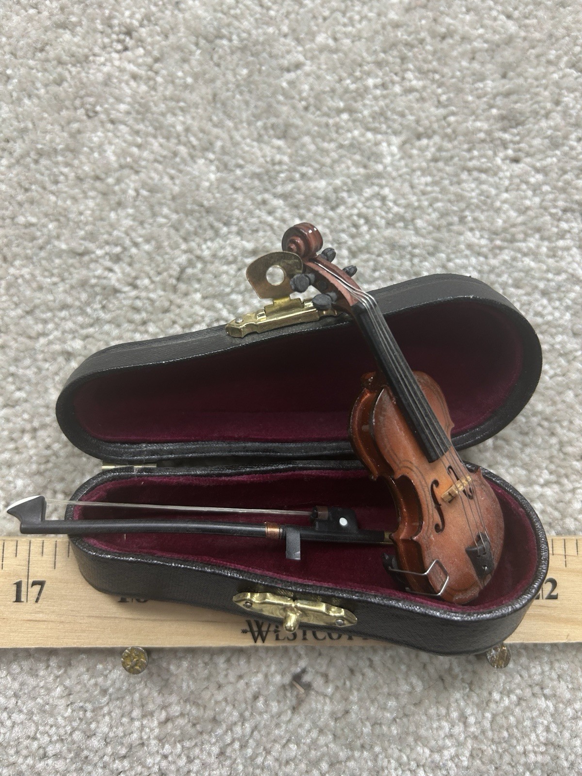 Wooden Miniature Violin with Bow and Case Mini Musical Instrument Fiddle Doll