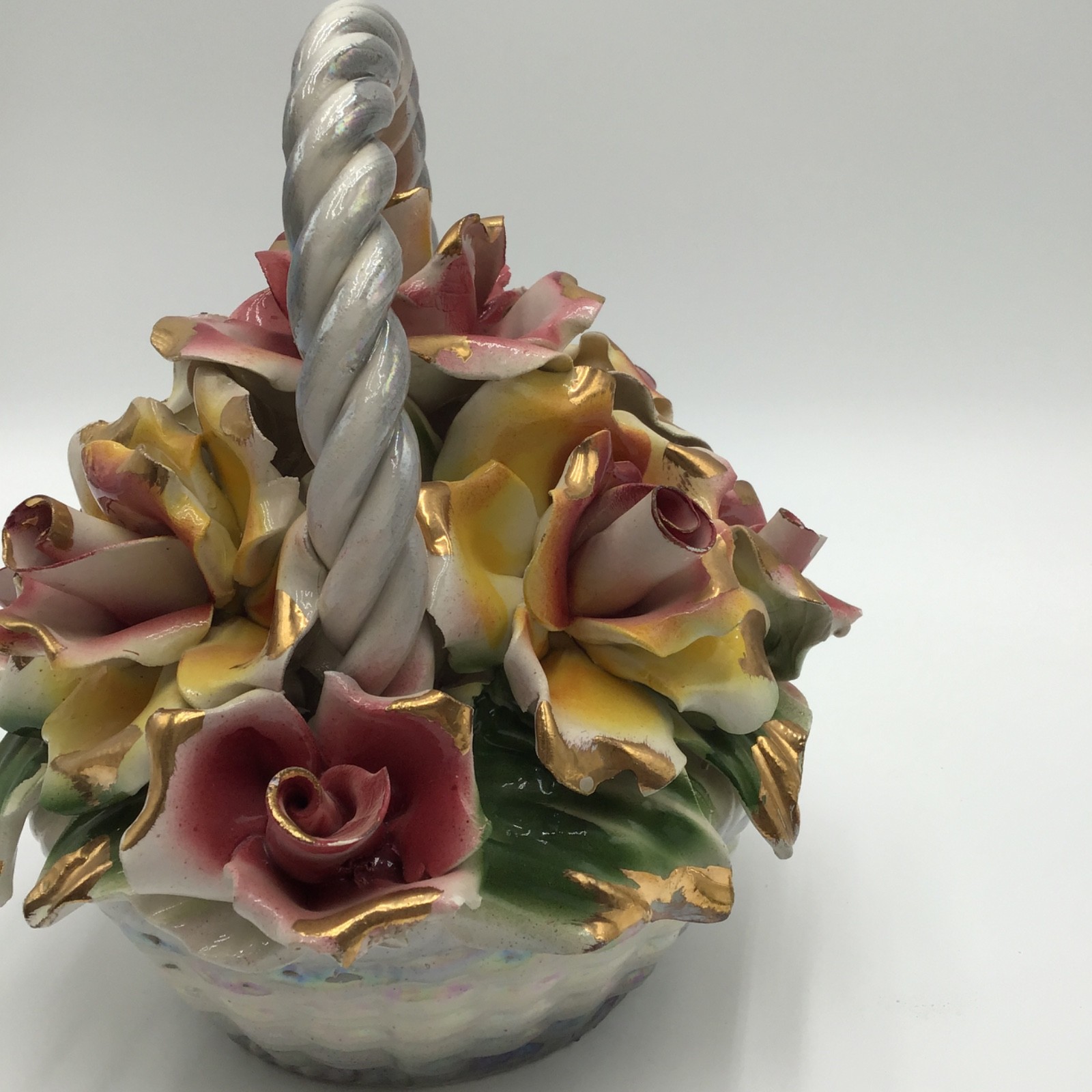 VINTAGE CAPODIMONTE MEDIUM SIZED PORCELAIN BOUQUET BASKET 9” x 8”
