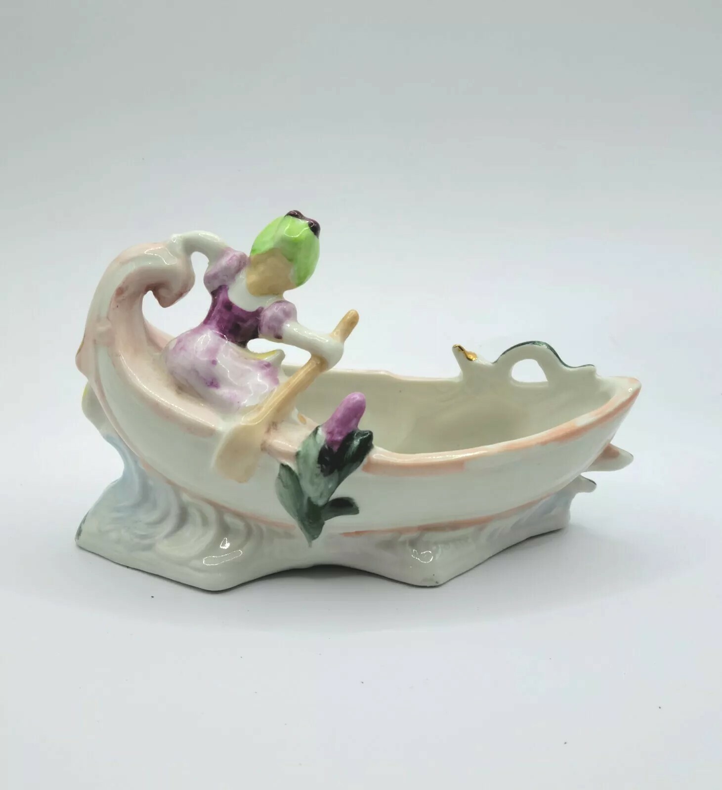 Vintage Porcelain Figurine Woman Rowing a Gondola Florals Swan