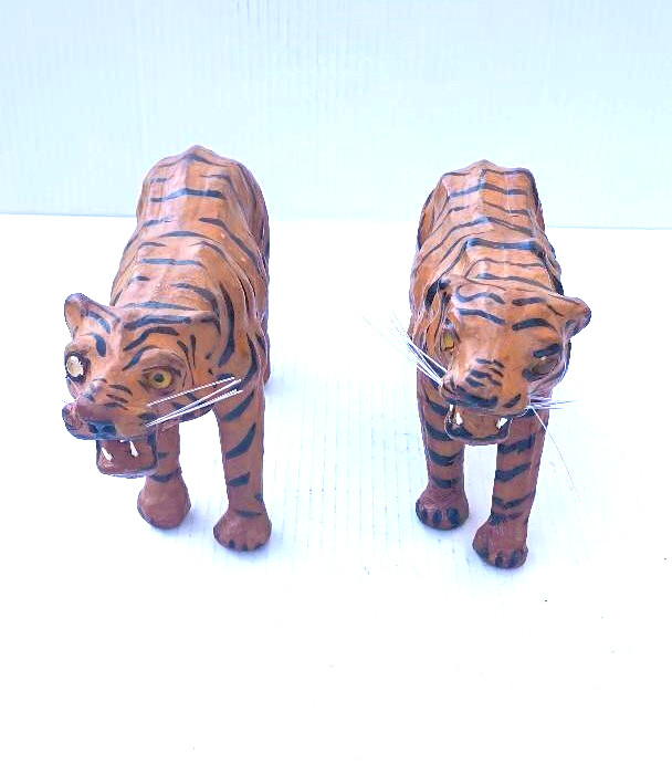 Pair of Mid-Century Leather Wrapped Paper Mache Snarling Tiger With Glass Eyes