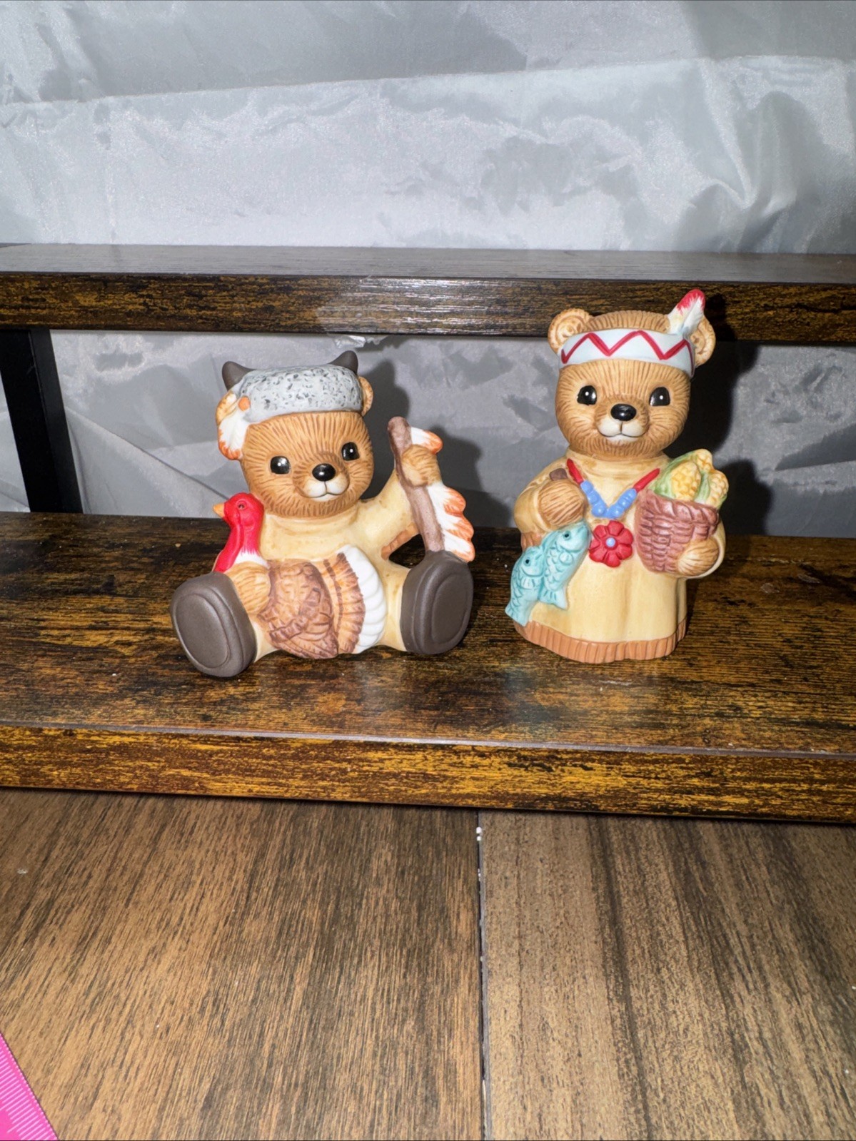 Two Vintage Thanksgiving Bears Ceramic Figurines Homco #1413