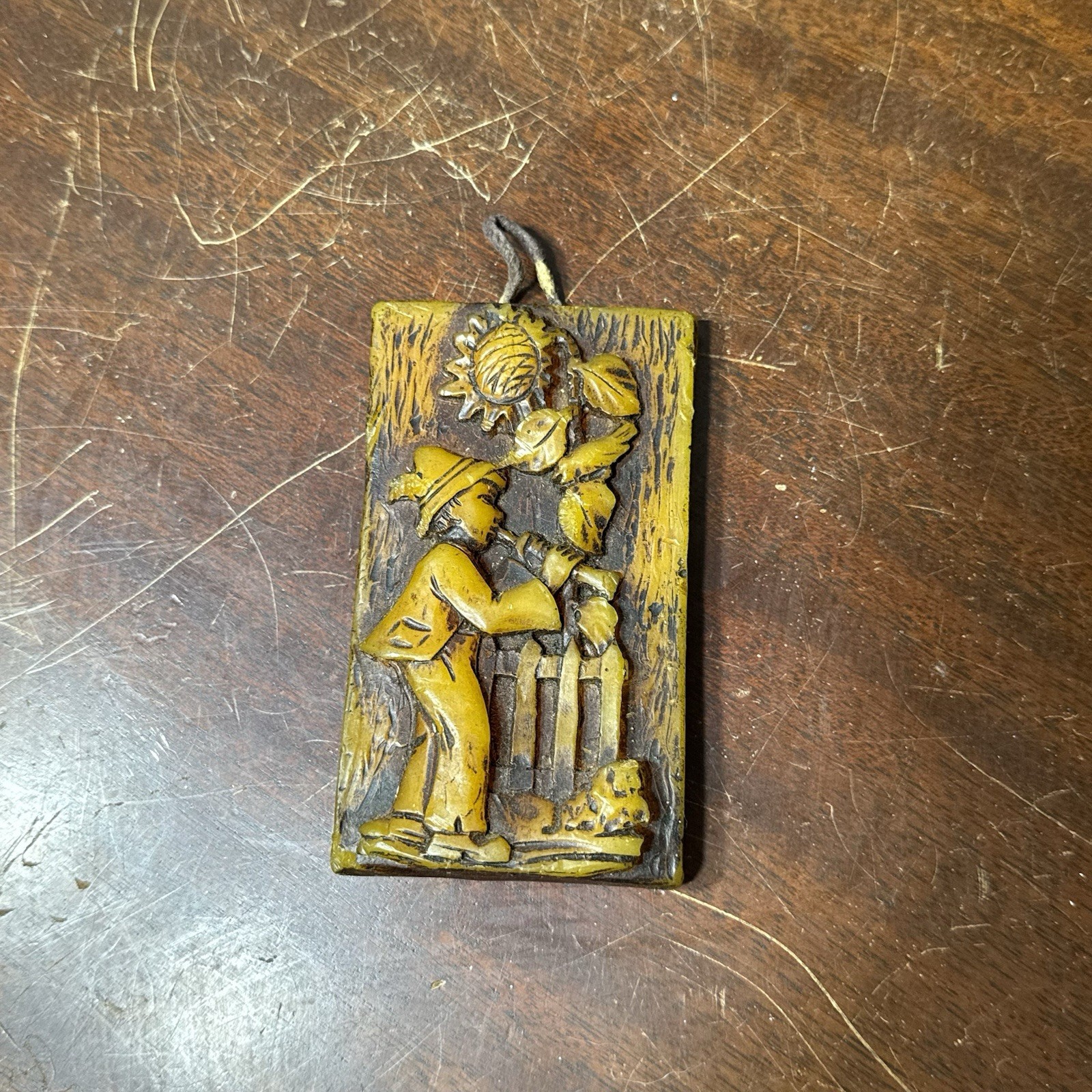 Vintage Hand Carved Wax Wall Hanging 3D Plaque Sunflower Child Decor 4.5″x2.5″
