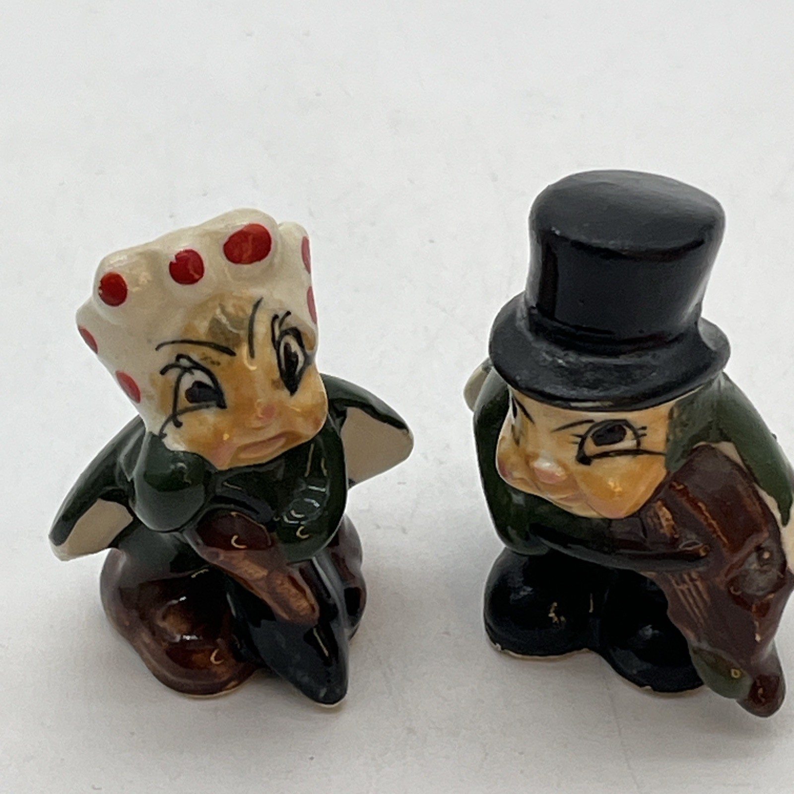Vintage Anthropomorphic Cricket Figurines Fiddle & Top Hat Polka Dot Head Scarf