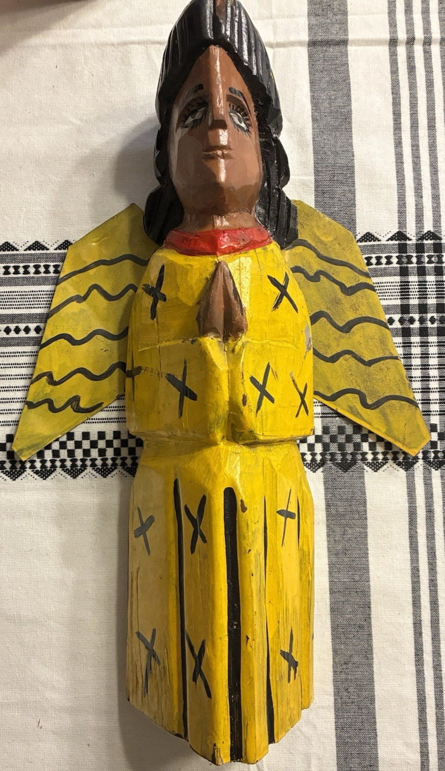 Vintage Folk Art Angel Statue 15” Large Wood Angel with metal wings