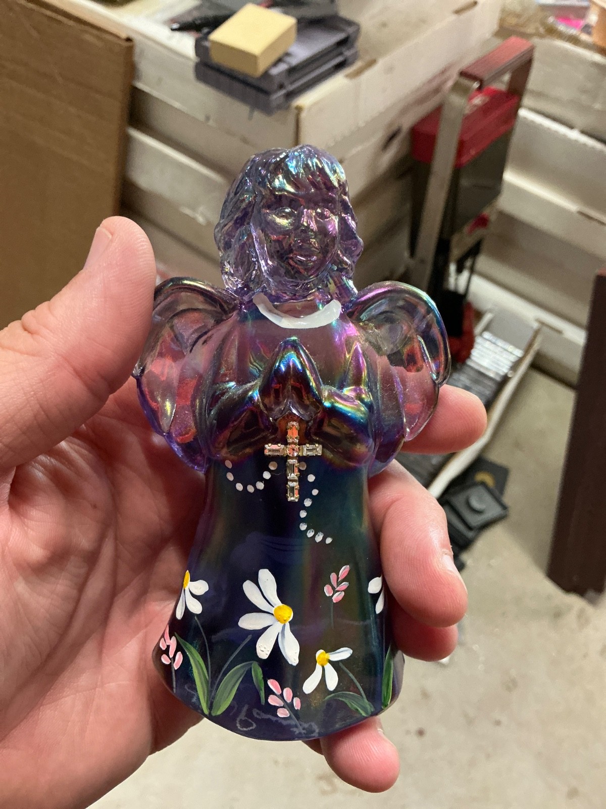 FENTON Angel Praying Rhinestone Cross PURPLE Hand Painted Signed