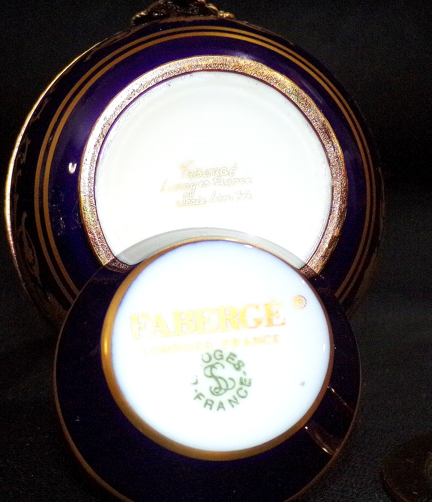 FABERGE Limoges Egg With BLUE CUP INSERT Glass & Porcelain 4″ tall