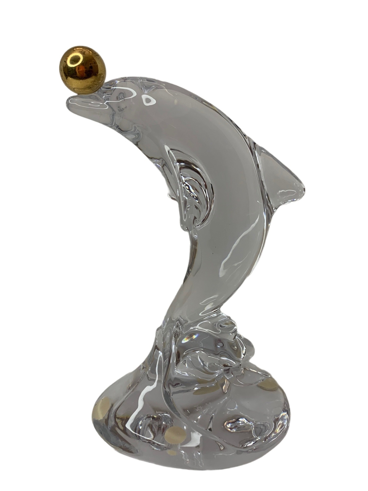 Vintage Sevres Crystal Dolphin Sculpture Gold Ball Tip Nose Waves France