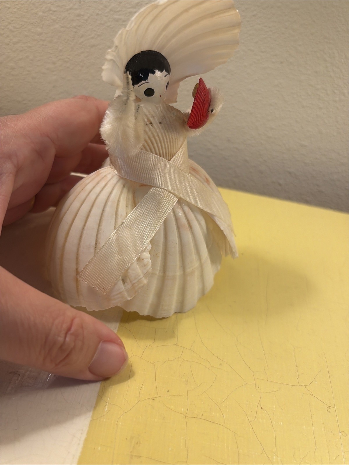 Vtg 50s Seashell Doll Lady Figurine Handmade Chennile Coastal Folk Art 5″ Tall